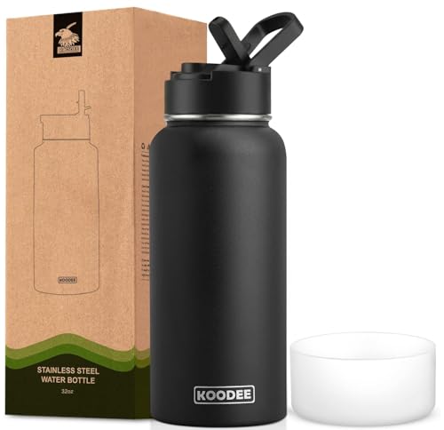 Image of Koodee 32 oz Water Bottle with Wide Handle Straw Lid, Vacuum Insulated 18 /8 Stainless Steel Wide Mouth Flask (Black)