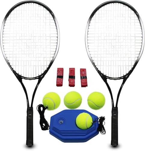 Magicorange Juego de raquetas de tenis para adultos para 2 jugadores, para principiantes y profesionales, incluye 4 pelotas de tenis, 3 overgrips, 1 bolsa (negro)