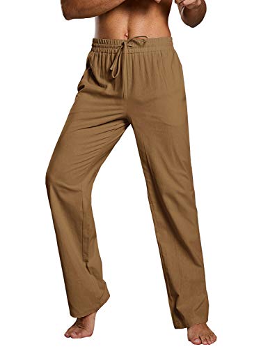 Image of PASLTER Mens Cotton Linen Pants Casual Summer Beach Pants Dress Trousers | Loose Fit, Elastic Drawstring Waist, Lightweight, Straight-Legs, Slacks, Yoga, Work, Vacation, Quick Dry