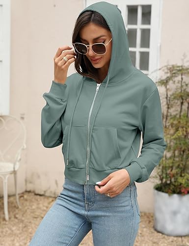 Image of Casual Wear Solid Crop Zipper Jacket Hooded Neck Full Sleeves with Kangaroo Pocket Hoodie for Women