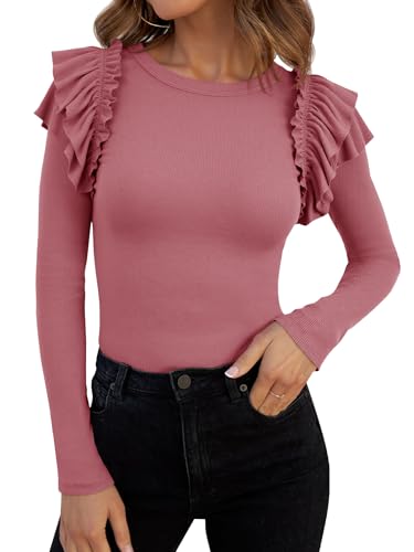 Image of Tankaneo Womens Ruffle Long Sleeve Shirts Fitted Ribbed Knit Tops Fall Casual Crew Neck Tees