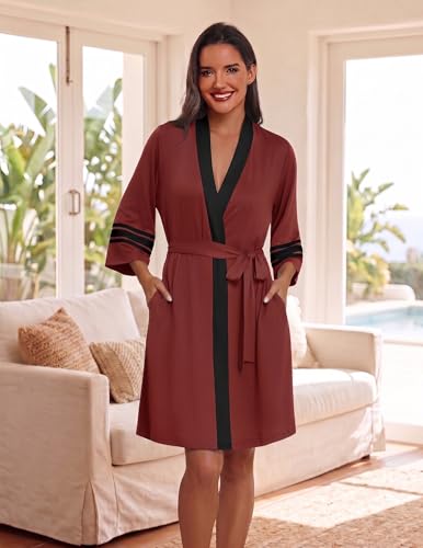 Image of Ekouaer Womens Robe Lightweight 3 /4 Sleeve Bathrobe Soft Short Knit Sleepwear with Pockets