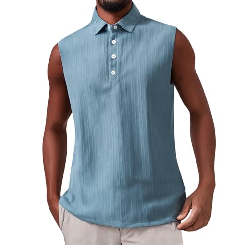 Camiseta de tirantes para hombre, de algodón, sin mangas, con solapa, camisa de lino con botones, transpirable, cómoda, ligera, para fitness, culturismo, color negro, azul claro, XL
