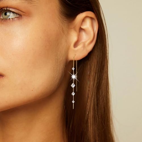 Gold Dangle Earrings for Women, 14K Threader Long Chain Drop Earrings Dangling Dainty Elegant Ear Chain with Tassel and Cubic Zirconia for Wedding Trendy Jewelry Gifts3