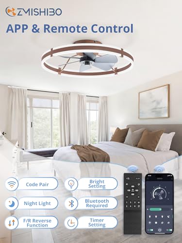 Image of ZMISHIBO 24 Inch Ceiling Fans with Lights and Remote, Modern Low Profile Ceiling Fan, 3000-6000K Dimmable Flush Mount LED Fan Light, 6 Wind Speeds, Fandelier Ceiling Fans for Bedroom- Brown