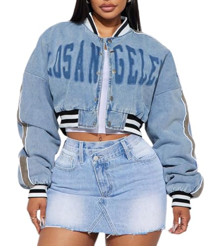 ksotutm Women's Cropped Varsity Jacket Letterman Baseball Jacket Fall Causal Coat Plus Size Jacket