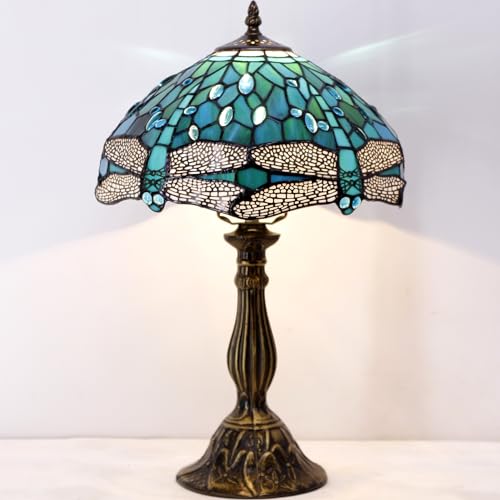 Image of WERFACTORY Tiffany Lamp Green Blue Stained Glass Bedside Table Lamp 18 Inch