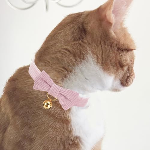 Petiry Quick Release Cat Collar,Corduroy Breakaway Pink Kitten Collar With Removeable BowTie and Gold Bell,Pack of 2,Blue Pink - Image 4