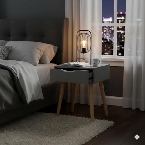 Image of Modern Bedside Table with Drawer & Wooden Legs | Compact Nightstand for Bedroom | Scandinavian Style Side Table with Storage for Home Living Room (Grey, 1 Drawer)