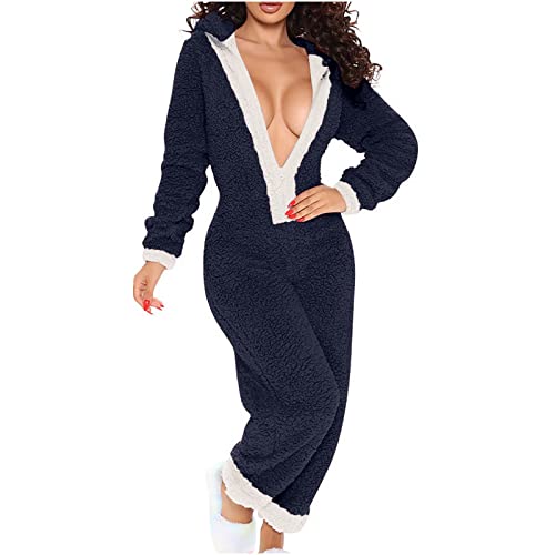 Christmas Onesie For Women Sexy Deep V-Neck Fleece Hooded Pajamas Zipper Sleepwear One-Piece Winter Jumpsuit Romper Navy #TOP10