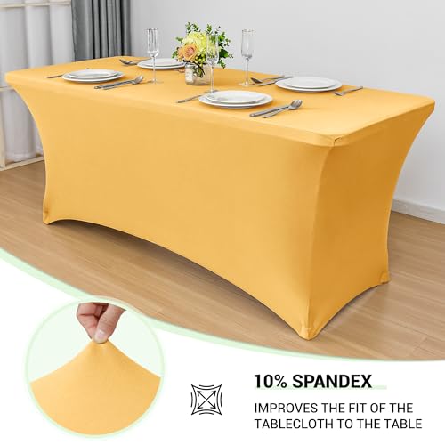 Image of Obstal 8Ft Stretch Spandex Table Cover for Standard Folding Tables - 2 Pack Universal Rectangular Fitted Tablecloth for Party, Banquet, Events, Trade Show (Gold, 96L x 30W x 30H Inches)