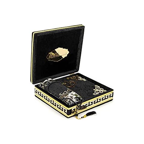ihvan online Luxury Islamic Prayer Velvet Covered Gift Box, Deluxe 4 Piece Set with Elegant Velvet Covered Quran & Prayer Beads Tesbih & Prayer Rug, Ramadan & Eid Gift, Black Cover
