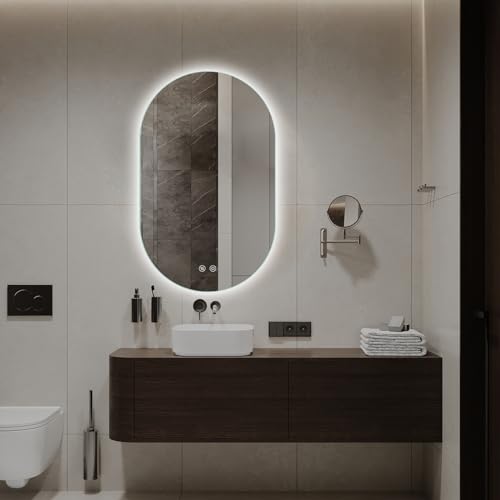 Niccy Espejo de tocador ovalado LED para baño, espejo retroiluminado sin marco de 36 x 22 pulgadas con luz, espejo inteligente antivaho impermeable con función de memoria, espejo iluminado regulable