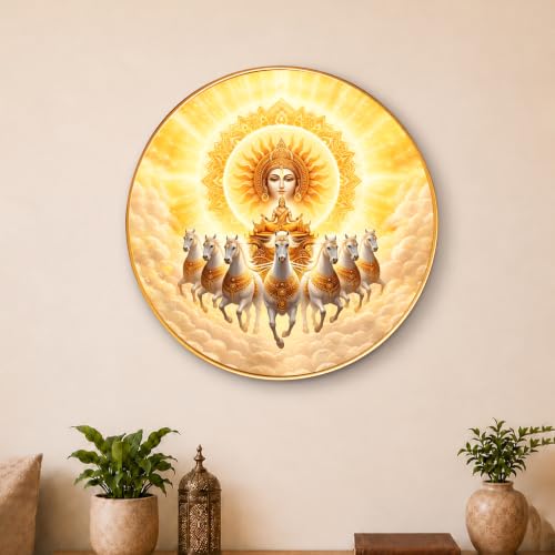 Image of PAINTINGMANTRA 7 Running Horse Wall Art Painting With Frame For Living Room| Seven Horses Surya Dev Vastu Decor Framed Painting | Sun God Spiritual Round Wall Hanging for Home, Office & Gifting, 23 Inch
