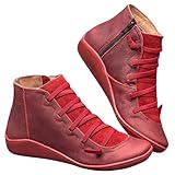 Toumov Women's Vintage Casual Short Ankle Boots Fashion Lace Up Side Zipper Vintage Ankle Booties with Arch Support Comfy Damping Slip On Flat Shoes Non-Slip Sole Casual & Dressy Shoes