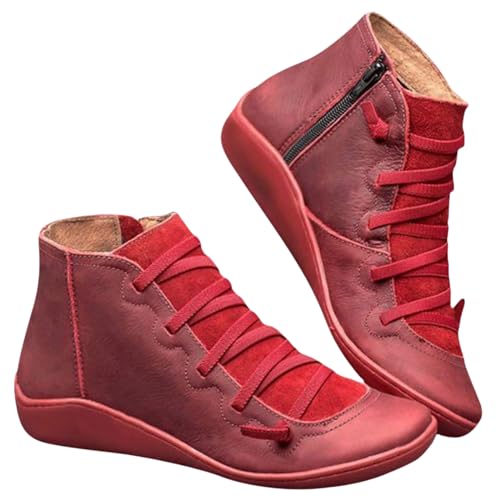Toumov Women's Vintage Casual Short Ankle Boots Fashion Lace Up Side Zipper Vintage Ankle Booties with Arch Support Comfy Damping Slip On Flat Shoes Non-Slip Sole Casual & Dressy Shoes