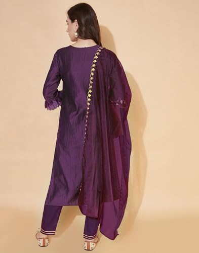 Image of SKYLEE Silk Blend Embroidery Straight Kurta Set with Dupatta