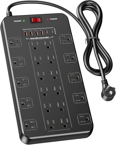 Surge Protector Power Strip with 22 Outlets 6 USB Ports(2 USB C), 1875W/15A, 2100 Joules, 6.5 FT Flat Plug Heavy Duty Extension Cord with Multiple Outlets for Home Office, Dorm, Gaming Room, Black