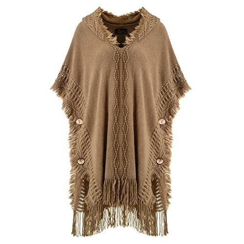 Ferand Women's Cable Knit Poncho Sweater Casual Hooded Pullover Ponchos with Decorative Buttons One Size Khaki