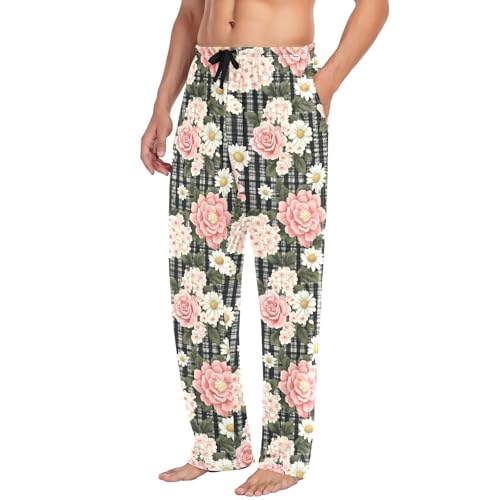 Men's Pink Roses Daisies Pajama Pants with Pockets - Straight Fit Cotton Sleep Bottoms for Lounge & Nightwear#1414