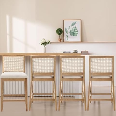 Wahson 26” Rattan Bar Stools Set of 4, Farmhouse Counter Height Bar Chairs with Natural Wood Legs, Linen Upholstered Barstools for Kitchen Island/Counter Home Bar, Beige Cover