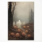 ogyormpi Vintage Halloween Canvas Wall Art, Cute Ghosts In Haunted Forest Poster, Funny Spooky Lighted Pumpkin Print Decorations, Dark Academia Halloween Pictures Wall Decor 12x16in Unframed