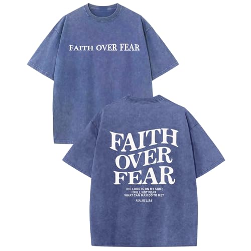 Image of Christian Faith Over Fear Shirt for Men Jesus Religious Shirts Oversized Graphic Tees Acid Wash God T-Shirt