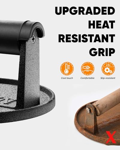 HULISEN Pre-Seasoned Cast Iron Burger Press, Heavy Duty Burger Smasher for Griddle with Heat Resistant Handle, Grill Press for Hamburger, Bacon, Meat, Steak, Patty, Sandwich, Barbecue Grilling Tool