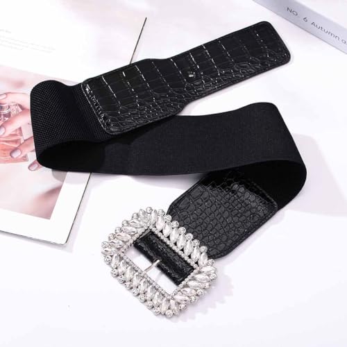 Yalice Rhinestone Dress Belt Black Wide Elastic Waist Belts for Women Sparkle Thick Stretchy Belts2