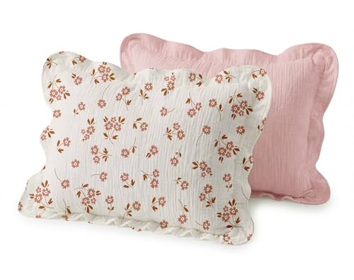 Image of Toddler Pillowcases for 13 inchx18 inch Pillow 2 Pack, Muslin Small Toddler Baby Kids Travel Pillow Covers for Boys Girls with Envelope Closure (Flower E & Pink-Ruffled, 13 x 18 Inch)