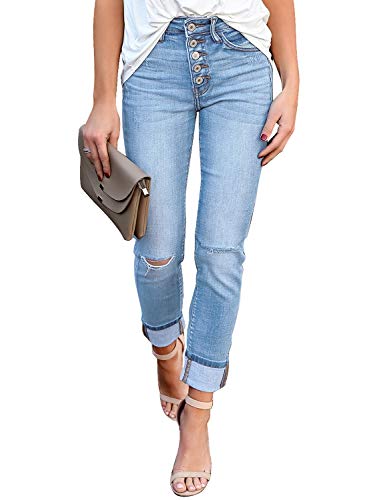 Utyful Women's High Waist Button Fly Ripped Jeans Denim Straight Pants Light Blue Medium