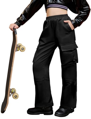 Perfashion Cargo Pants for Girls Hip Hop Dance Metallic Y2K Neon Drawstring Parachute Wide Leg Jogger 4-13Y