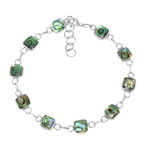 AeraVida Modernist Square Abalone Shell Double Sided .925 Sterling Silver Link Bracelet | Handcrafted Ocean-Inspired Statement Jewelry | Shiny Green-Tone Shell Bracelet with Polished Silver Finish