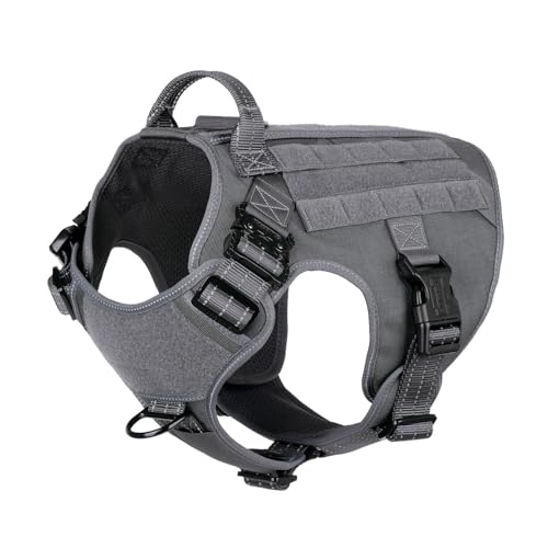 ICEFANG Tactical Dog Harness, Large Size,2X Metal Buckle,Working Dog MOLLE Vest with Handle,No Pulling Front Leash Clip,Hook and Loop Panel (Grey,L (Pack of 1))
