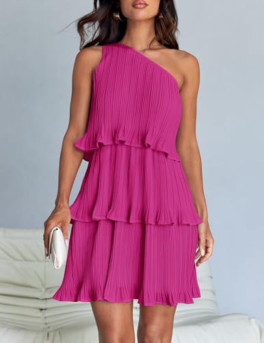 Image of ZESICA Women's 2025 Summer Sleeveless Mini Dress Boho One Shoulder Ruffle Tiered Layered Flowy A Line Dresses