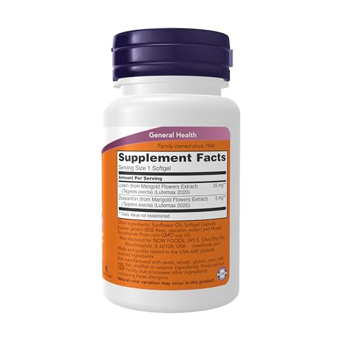 Image of NOW Foods Supplements, Lutein & Zeaxanthin with 25 mg Lutein and 5 mg Zeaxanthin, 60 Softgels
