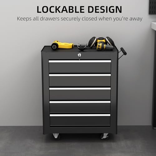 HOMCOM Steel 5-Drawer Tool Storage Cabinet Lockable with Wheels Handle 2 Keys Garage Equipment Trolley Home Work DIY Workshop Chest Black 7 HOMCOM Steel 5-Drawer Tool Storage Cabinet Lockable with Wheels Handle 2 Keys Garage Equipment Trolley Home Work DIY Workshop Chest Black - Image 7