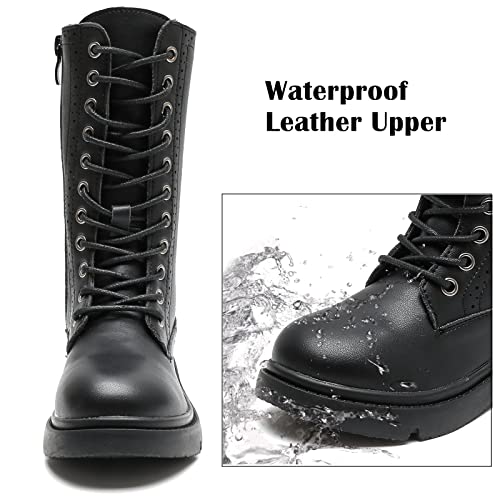 DADAWEN Boys Girls Leather Lace-Up Waterproof Side Zipper Mid Calf Combat Riding Winter Boots (Toddler/Little Kid/Big Kid)4