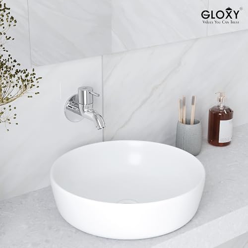 Image of GLOXY Premium Brass Bib Cocke Short Body with Chrome Finish - Short Body Wash Basin Tap Royal Lever with Wall Flange - Bib Cock Tap for Kitchen Sink, Bathrooms, Gardens - 10 Years Warranty