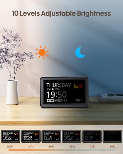 Image of Clock with Day and Date for Elderly, 7 inch Large Display Digital Calendar Day Clock with 20 Custom Alarms and Medicine Reminders, Dimmable Dementia Alzheimers Clocks for Seniors, Black (Ac Powered)