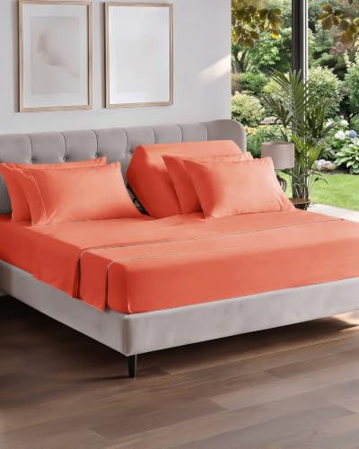 Image of Flex Top Split Head King 6 Piece Sheet Set - Breathable & Cooling - Coral