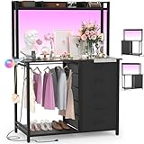 Cyclysio Dresser for Bedroom with Hutch & Clothes Rack, 70'' Tall 5 Drawers Dresser with Shelves, Black Dresser Closet with Charging Station & LED Lights, TV Stand Dresser with Hooks, Bedroom, Closet