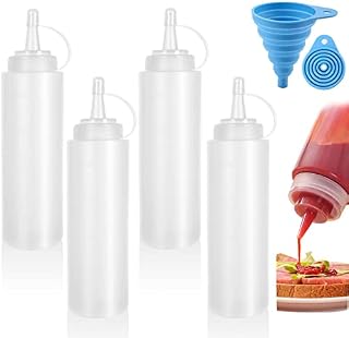 4 Pcs Squeeze Condiment Bottles with Twist On Cap Lids, 200ML Multipurpose Squirt Bottles Squeezy Sauce Bottle Plastic Dispensing Bottles for Sauce, BBQ, Paint and Olive Oil (Come with Funnel)