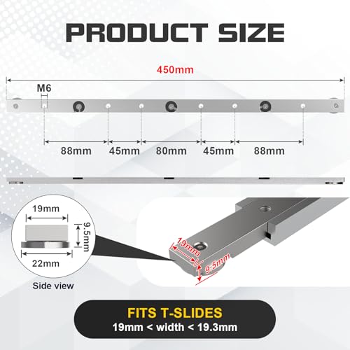 EFUTURETIME 2 x Gehrungsstange Schieber, 9.5 x 19 x 450 mm, Miter Bar Slider Aluminiumlegierung, Universal Gehrungsstange Tischkreissäge für T-Schiene, Tischbohrmaschine, Bandsäge, DIY