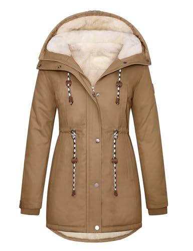 TOMEEK Damen Winterjacke Warm Wintermantel Lang Winterparka mit Teddyfell Gefüttert Kapuzenmantel Mantel Parka Damen-Mäntel Jacke Fleecemantel Skijacke(Dunkles Khaki,L)