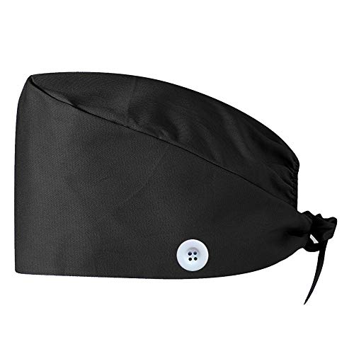 LUCKYBUNNY Gourd-Shaped Working Cap with Button, Adjustable Tie Back Hat Sweatband Hair Cover for Women Men, Multiple Color (Black)