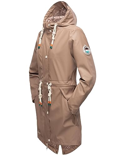 Navahoo Damen Übergangsjacke Regenmantel wasserdichte lange Regenjacke mit verstellbarer Kapuze und geschweißten Nähten Tropical Stormoo Taupe Gr. M