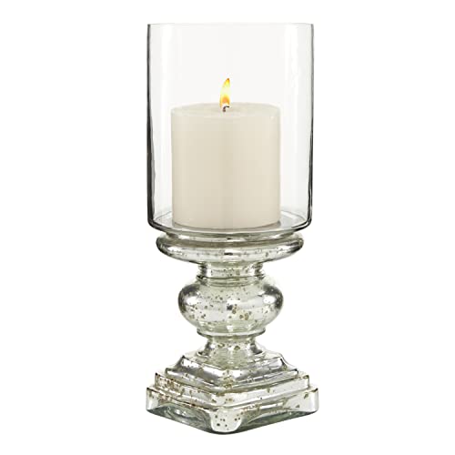 Deco 79 Glass Handmade Turned Style Pillar Hurricane Lamp With Faux Mercury Glass Finish, 6" X 6" X 16", Silver #TOP6