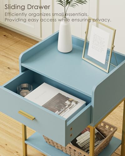 Image of Masupu Nightstand,Bedside Table 3-Tier Modern Night Stand with Storage Drawer and Shelf,Small End Side Table for Bedroom,Living Room,Black (Without Outlet, Blue)
