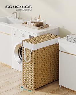 SONGMICS Slim Laundry Basket, 55L Synthetic Rattan Storage Basket with Lid and Handles, Wicker, Foldable, Removable Liners, for Blankets, Clothes, Laundry Room, Goose Yellow LCB164N01